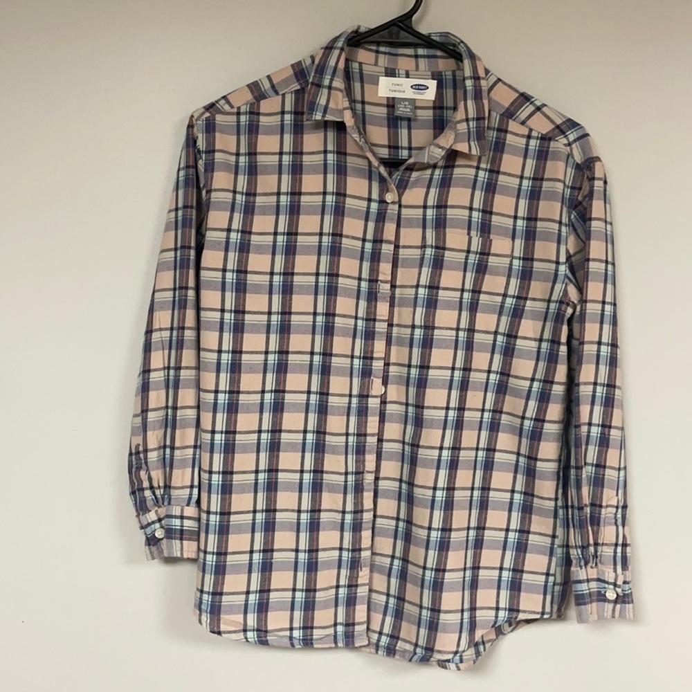 Old Navy (Tunic) Girls pink & navy plaid flannel, shirt Lg